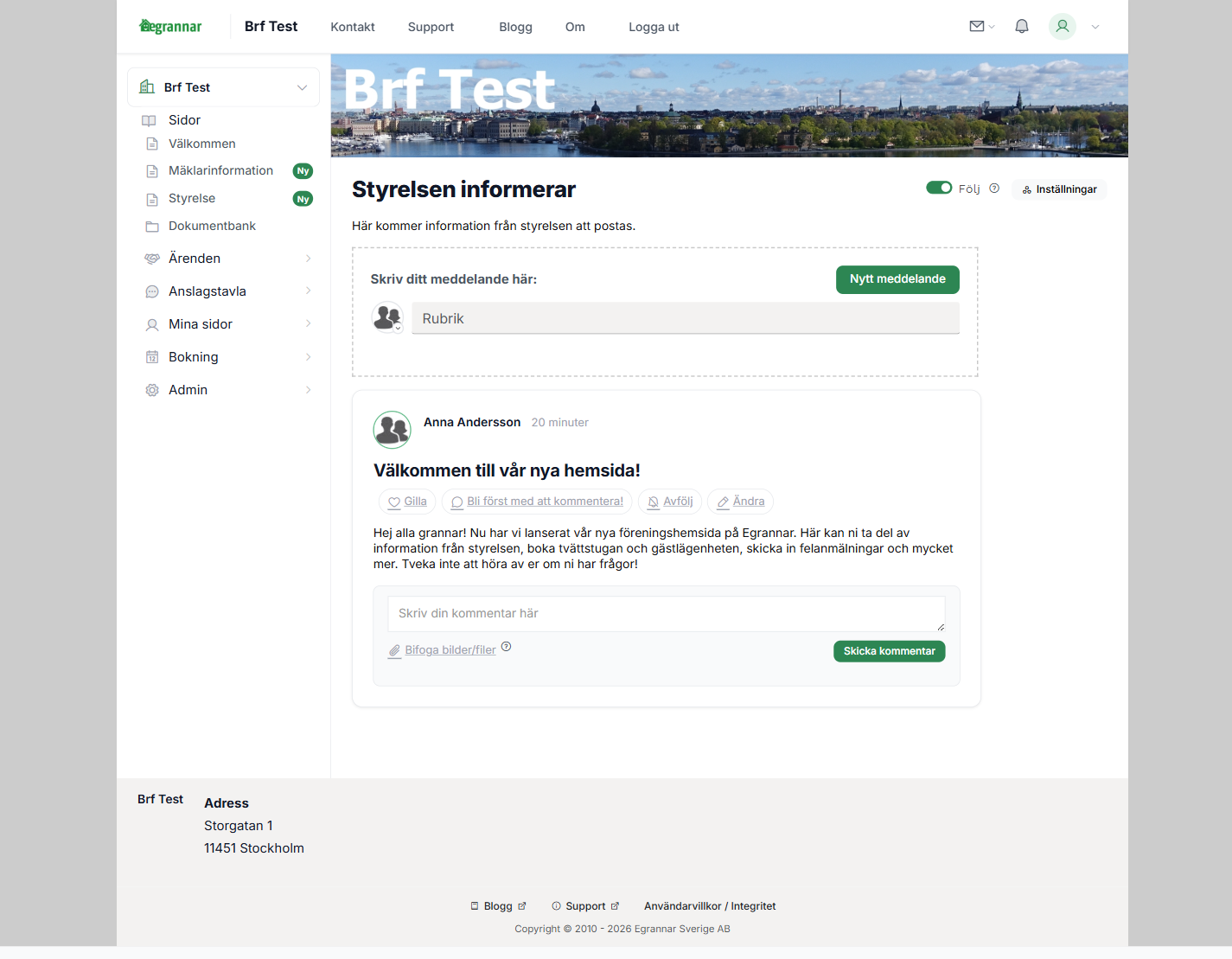 Anslagstavla med nytt inlägg från styrelsen
