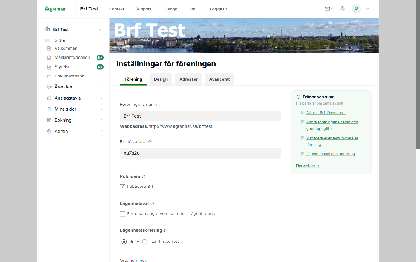 Inställningar - fliken Förening