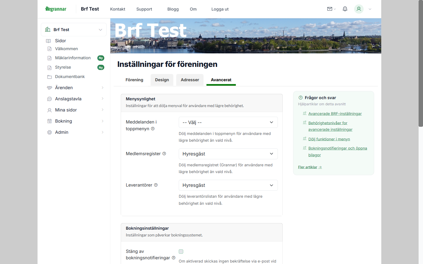 Avancerade inställningar - Menysynlighet