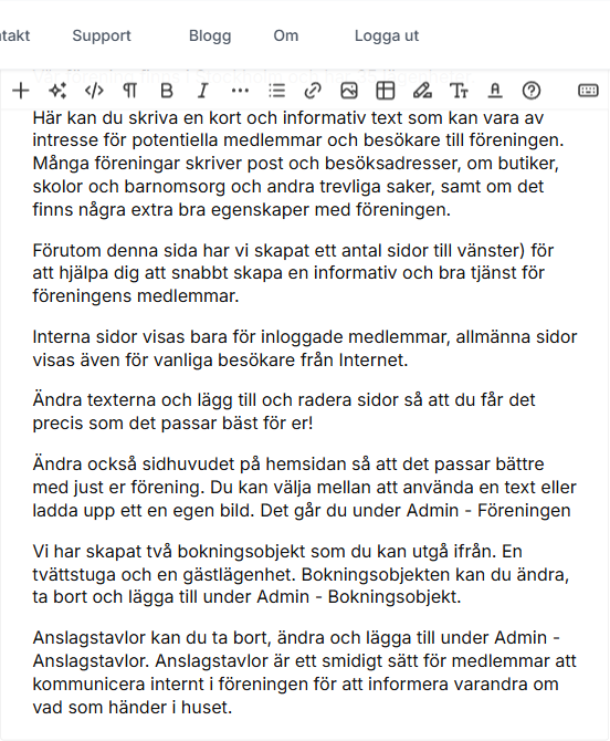 Textredigeraren i Egrannar med verktygsrad och innehåll