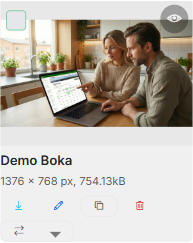 Bildkort med knappar för ladda ner, redigera, duplicera, radera och flytta