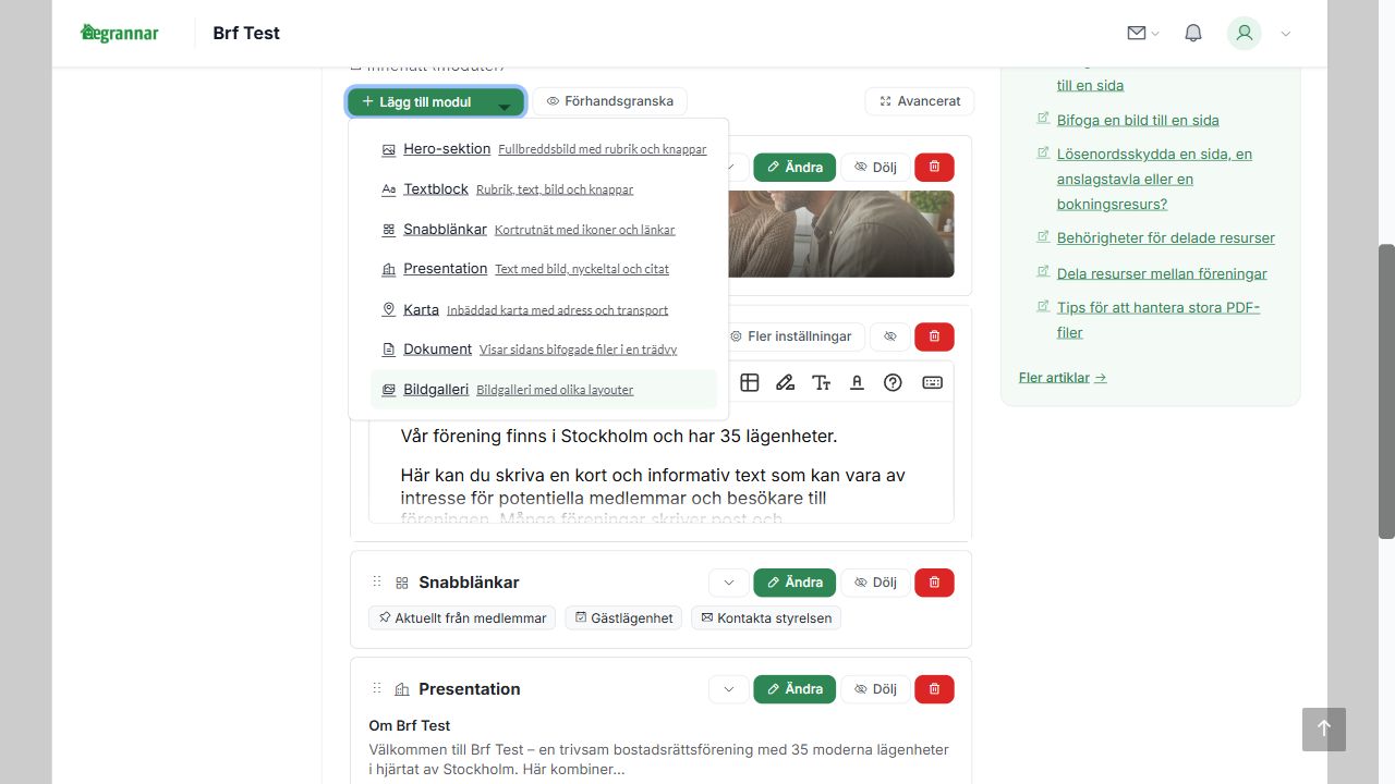 Lägg till modul - dropdown med alla sju modultyper
