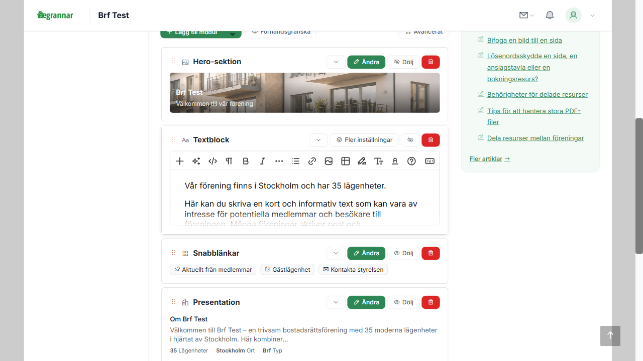 Modullistan i sidredigeraren med moduler och knappar