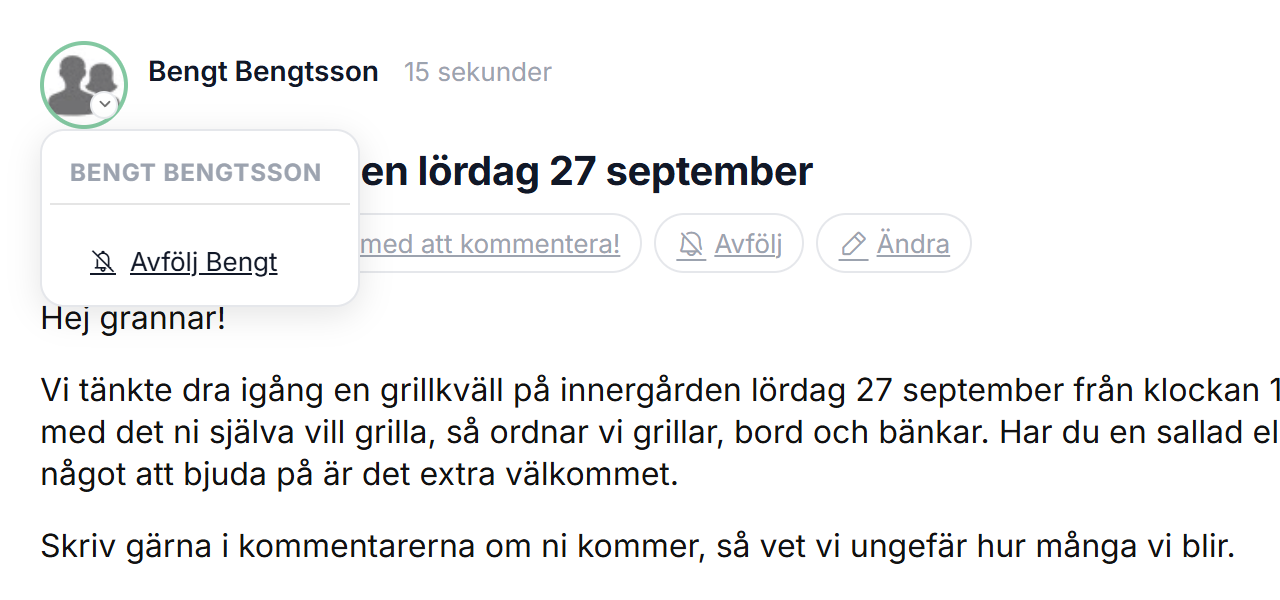 Menyn vid profilbilden på ett inlägg, med valet Avfölj