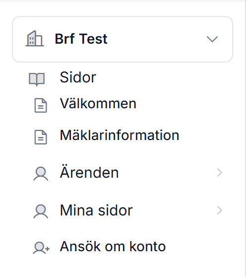Menyn på föreningens sida för en besökare, med menyvalet Ansök om konto