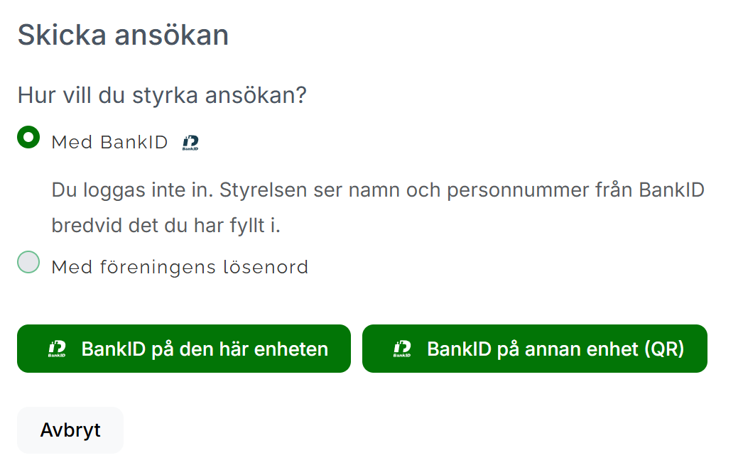 Avsnittet Skicka ansökan med valet Med BankID och knapparna BankID på den här enheten och BankID på annan enhet