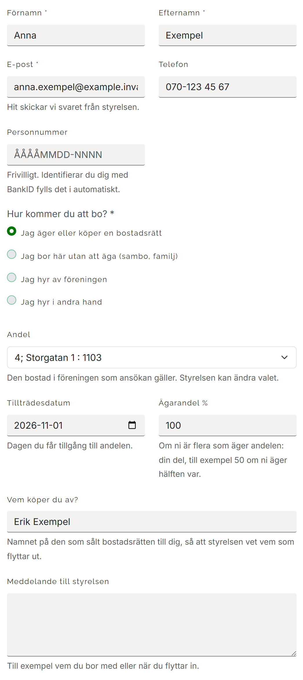 Formuläret Ansök om konto, ifyllt med namn, e-post, telefon, boendeformen Jag äger eller köper en bostadsrätt, andel, tillträde, ägarandel och vem man köper av