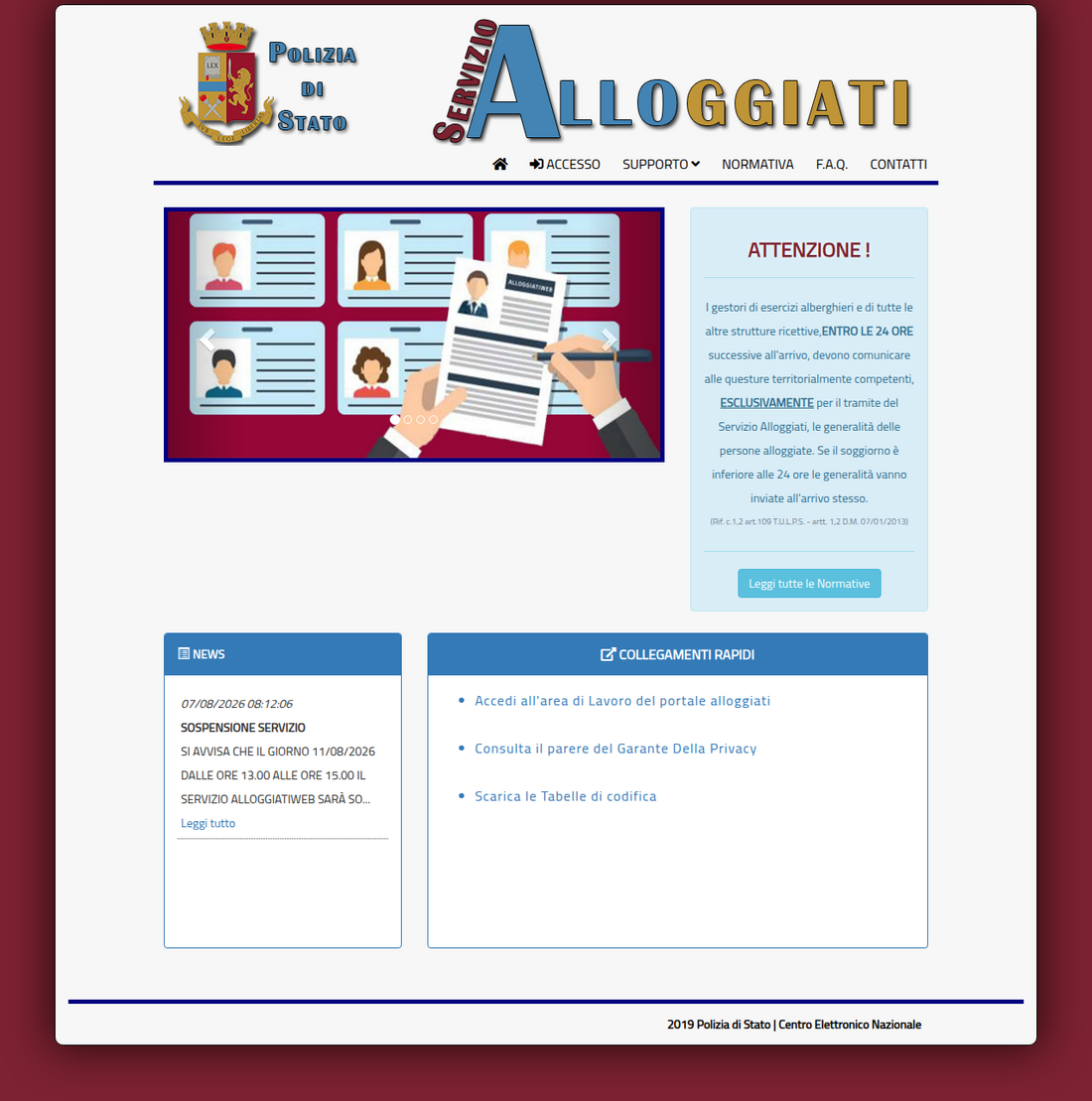 Homepage ufficiale del Portale Alloggiati Web della Polizia di Stato