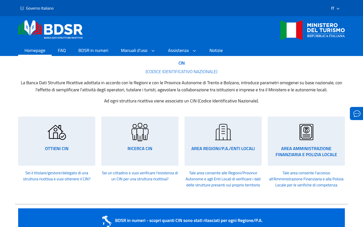 Homepage ufficiale della BDSR del Ministero del Turismo, con i pulsanti Ottieni CIN e Ricerca CIN