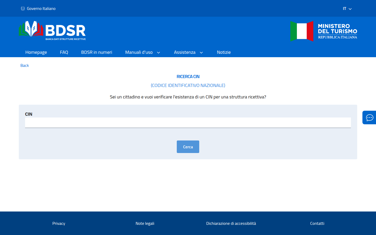 Pagina pubblica Ricerca CIN della BDSR, senza dati personali