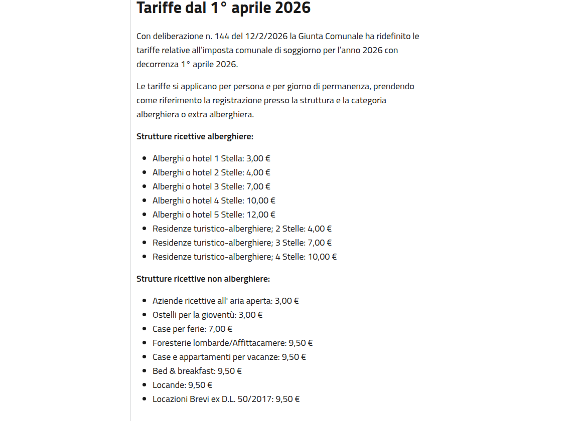 Tariffe ufficiali del Comune di Milano dal 1° aprile 2026: locazioni brevi, CAV e B&B a 9,50 euro