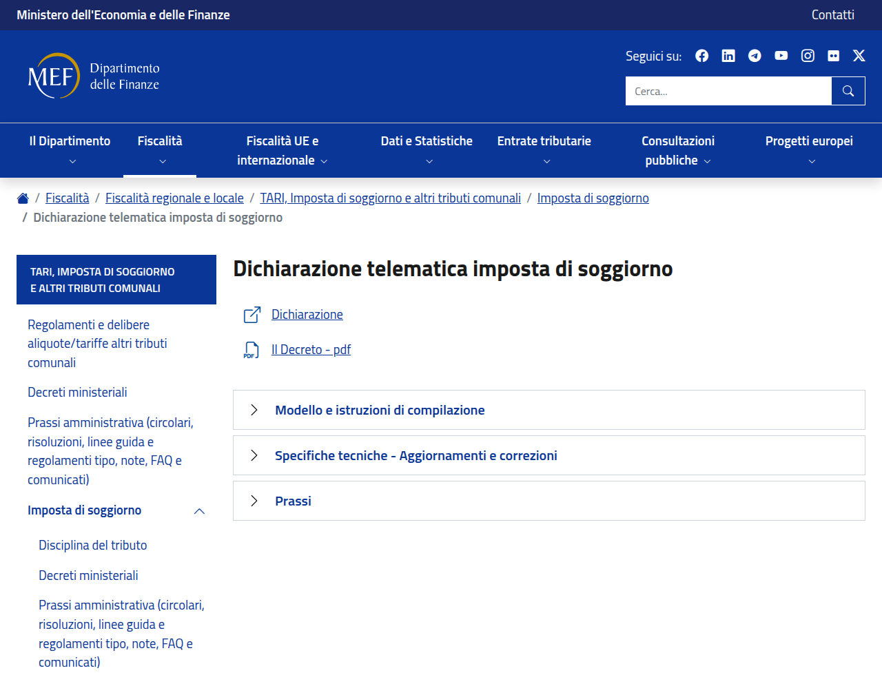 Pagina ufficiale del Dipartimento delle Finanze sulla dichiarazione telematica dell'imposta di soggiorno