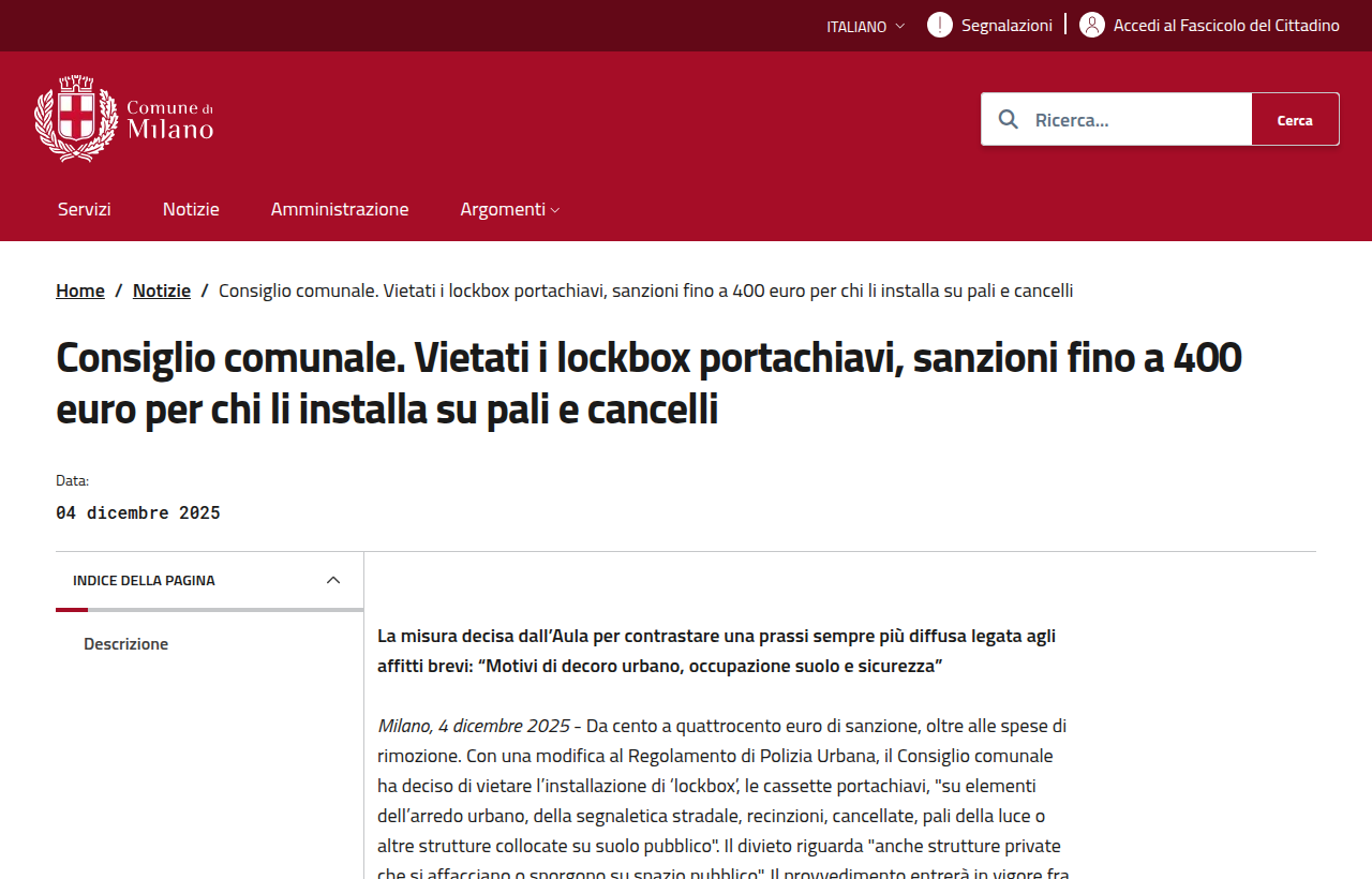 Comunicato del Comune di Milano: divieto di lockbox su suolo pubblico e strutture affacciate sulla strada