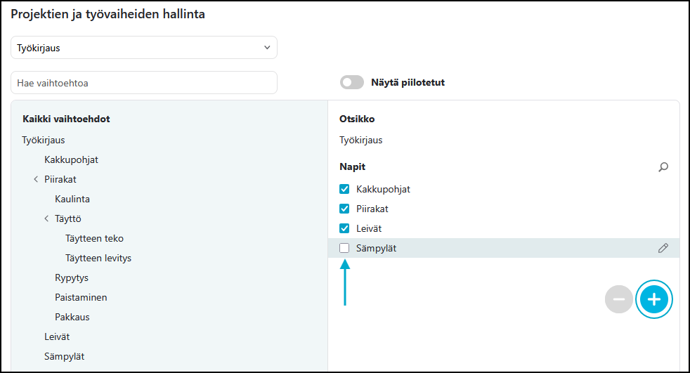 Projektien ja työvaiheiden hallintanäkymä, joka on jaettu kahteen osaan.