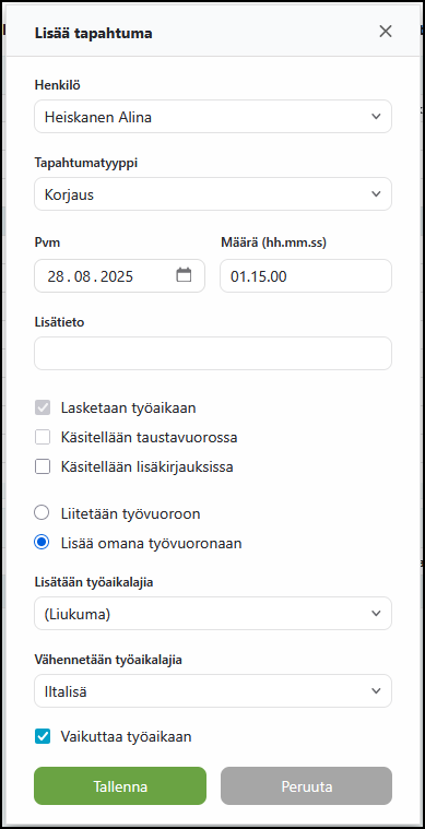 Korjaustapahtuman lisäysnäkymä.