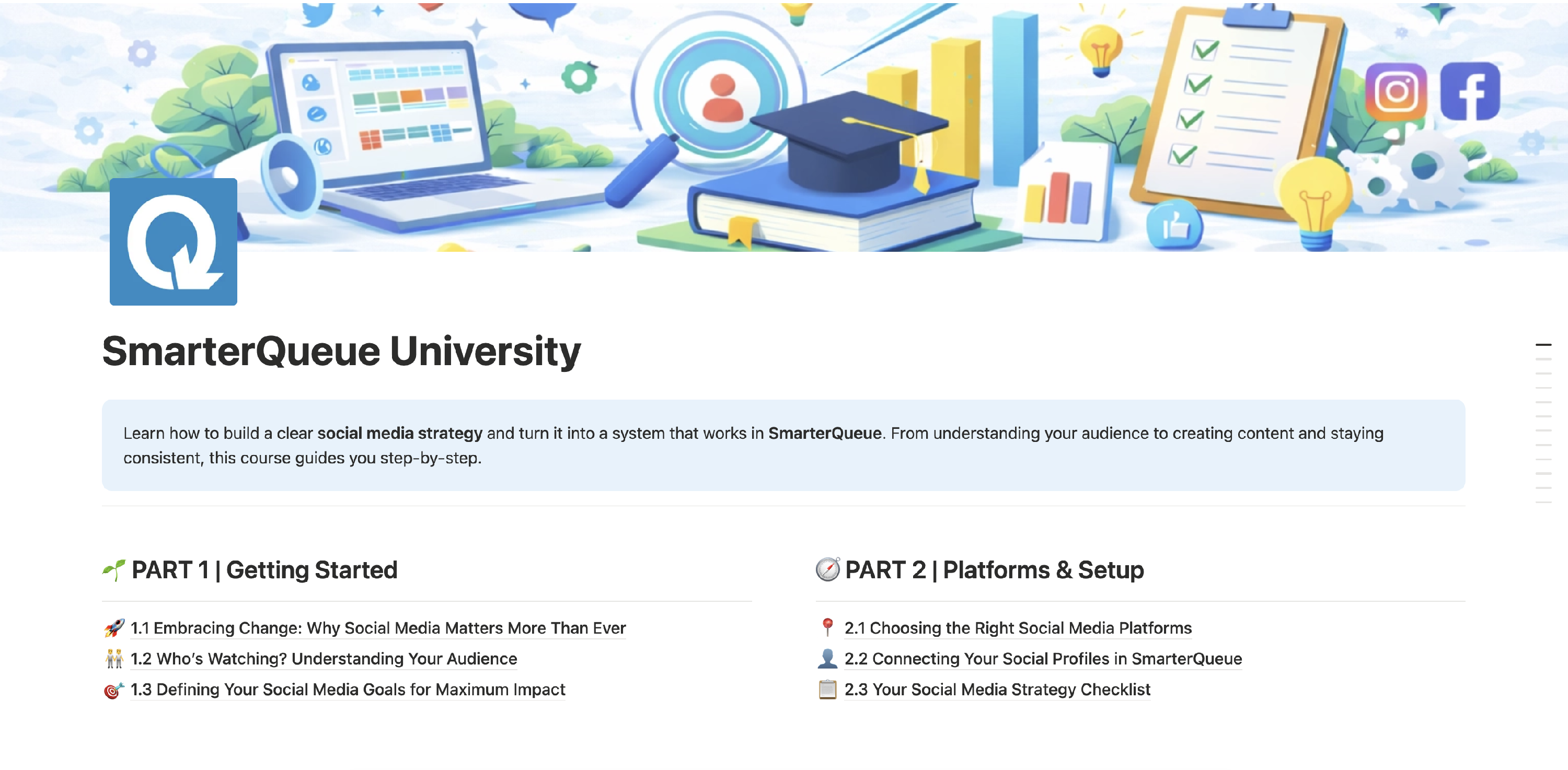 SmarterQueue University homepage showing the course introduction and learning Parts.