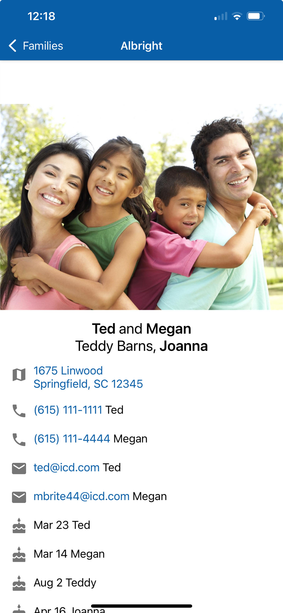 Family profile with photo, address, phone number, email, and tap-to-contact links.