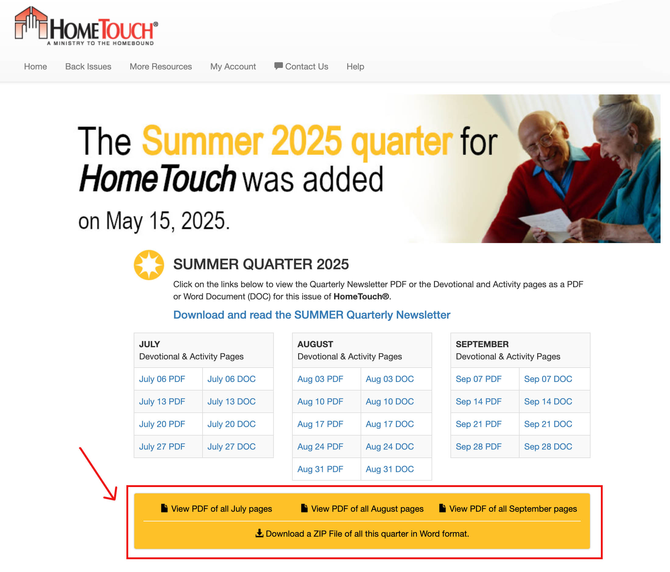 HomeTouch Ministry subscriber dashboard with download links for devotionals and activity pages