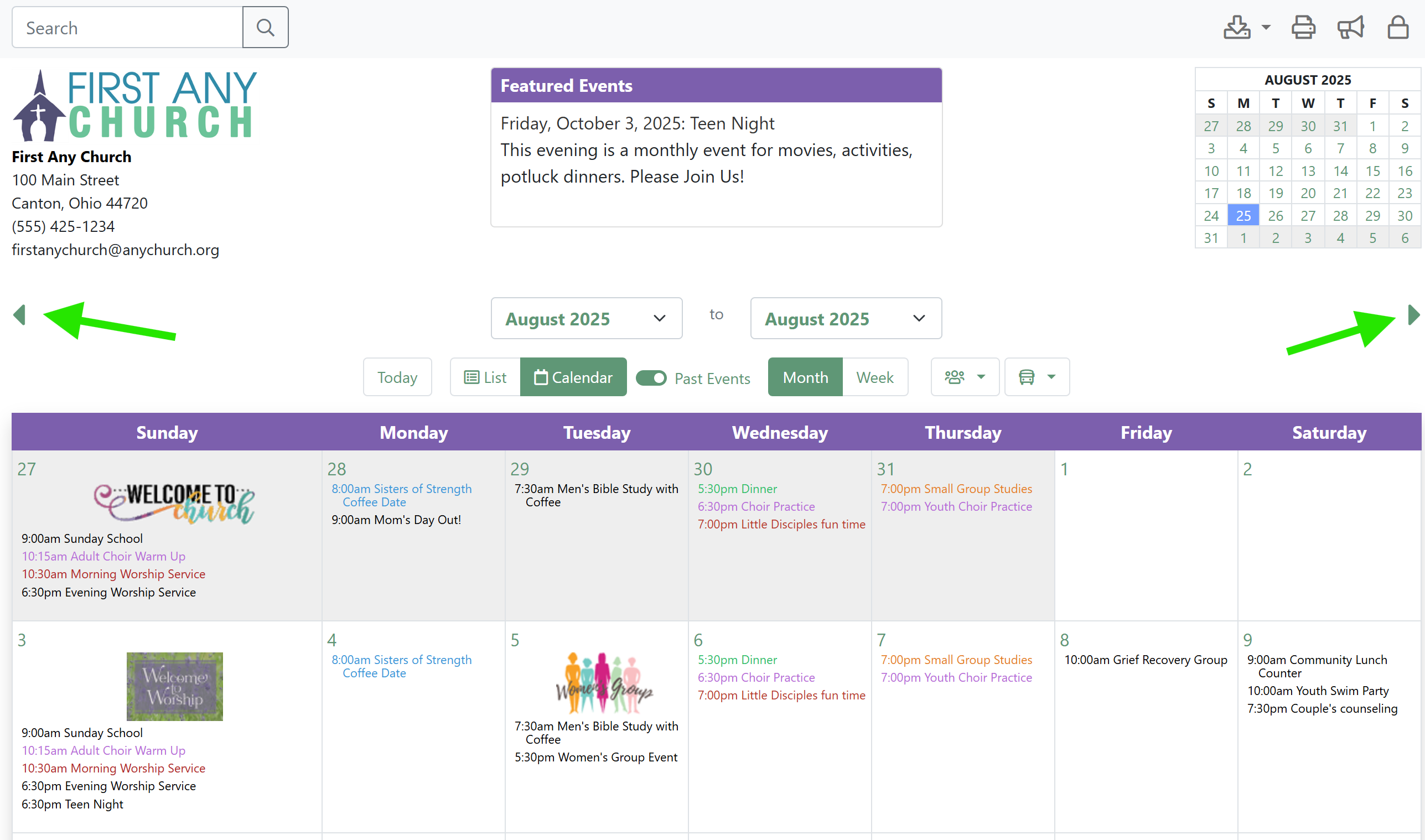 Calender month view showing left and right arrows to move to the or pervious month