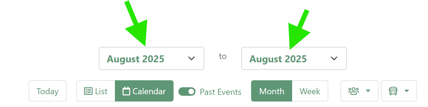 Month drop-down options to change the date range for viewing the calendar