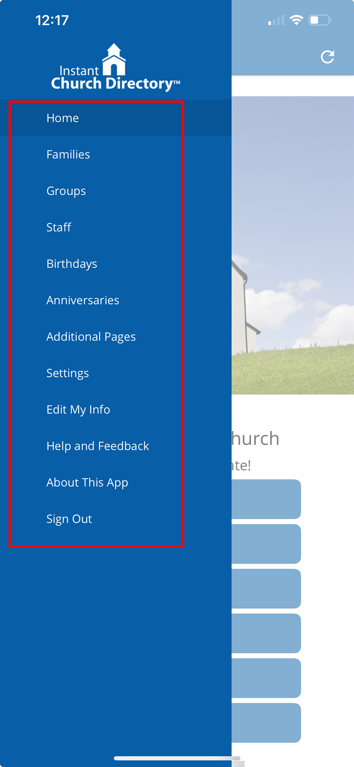 Menu options in the Instant Church Directory app showing Home, Families, Groups, Staff, and more