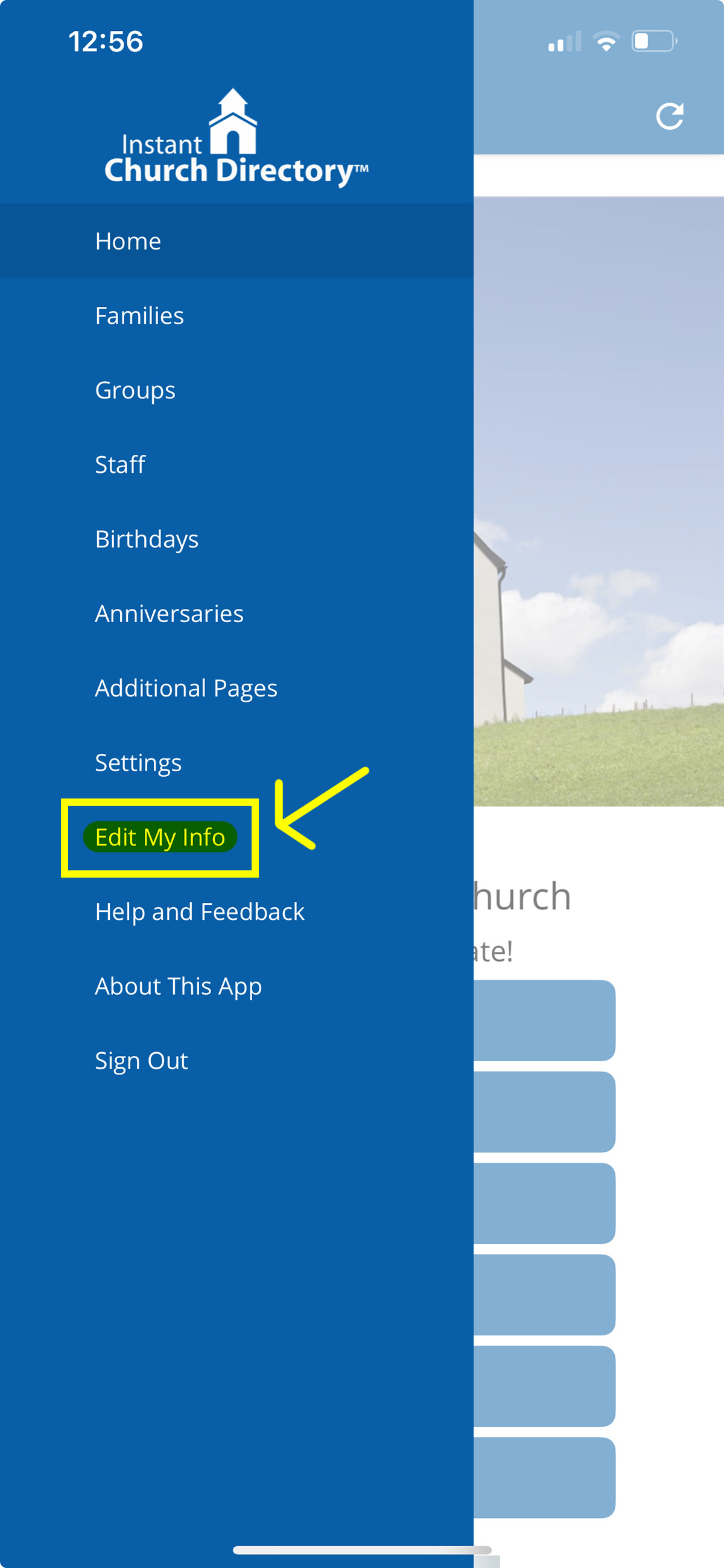 Directory App menu with ‘Edit My Info’ highlighted in yellow and an arrow pointing to it.