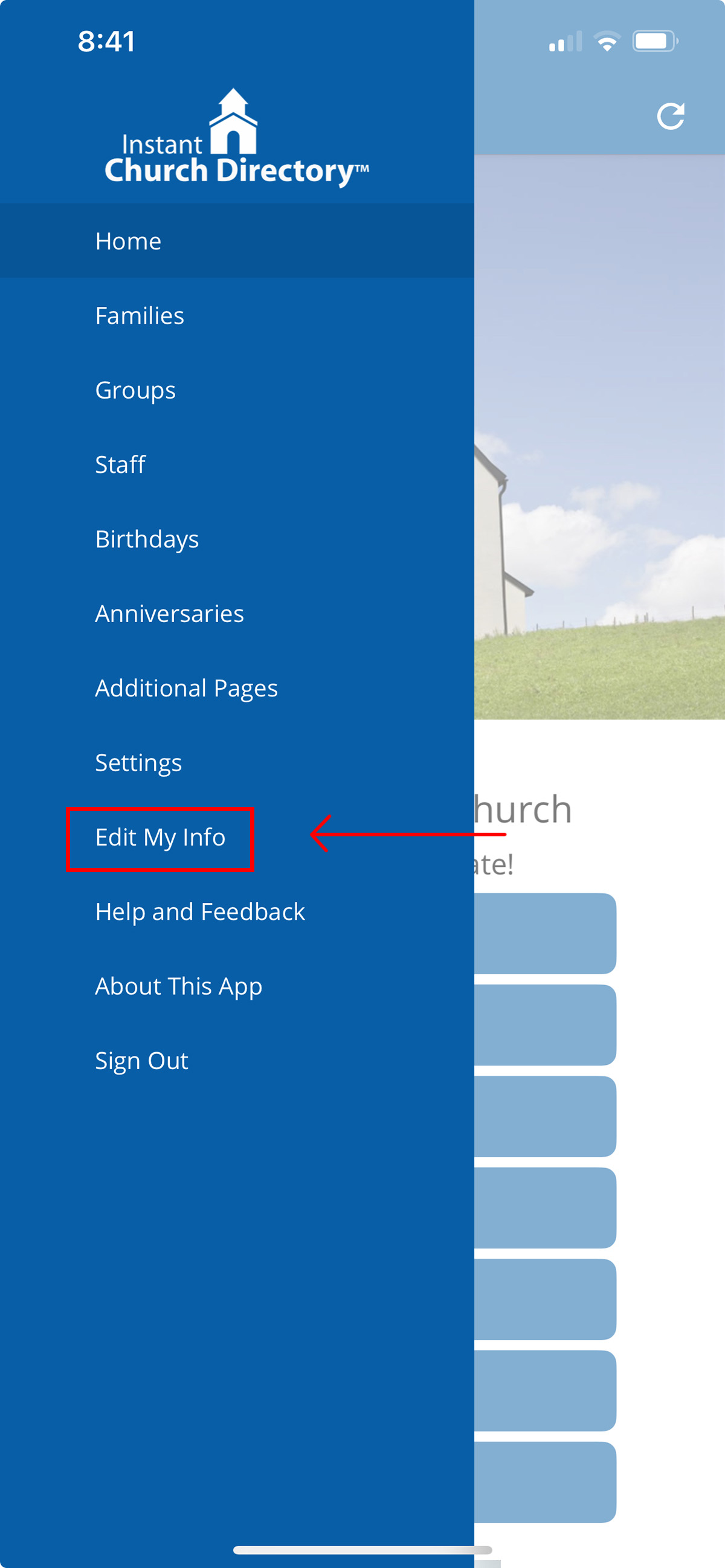 Members mobile app menu page that shows the ability to edit my info for submission to admins for approval
