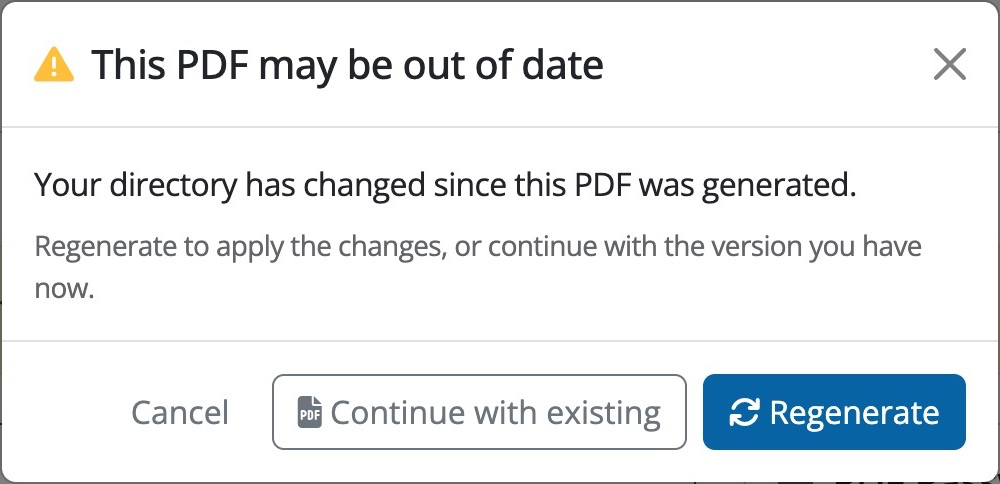 This PDF may be out of date dialog with Cancel, Continue with existing, and Regenerate buttons.