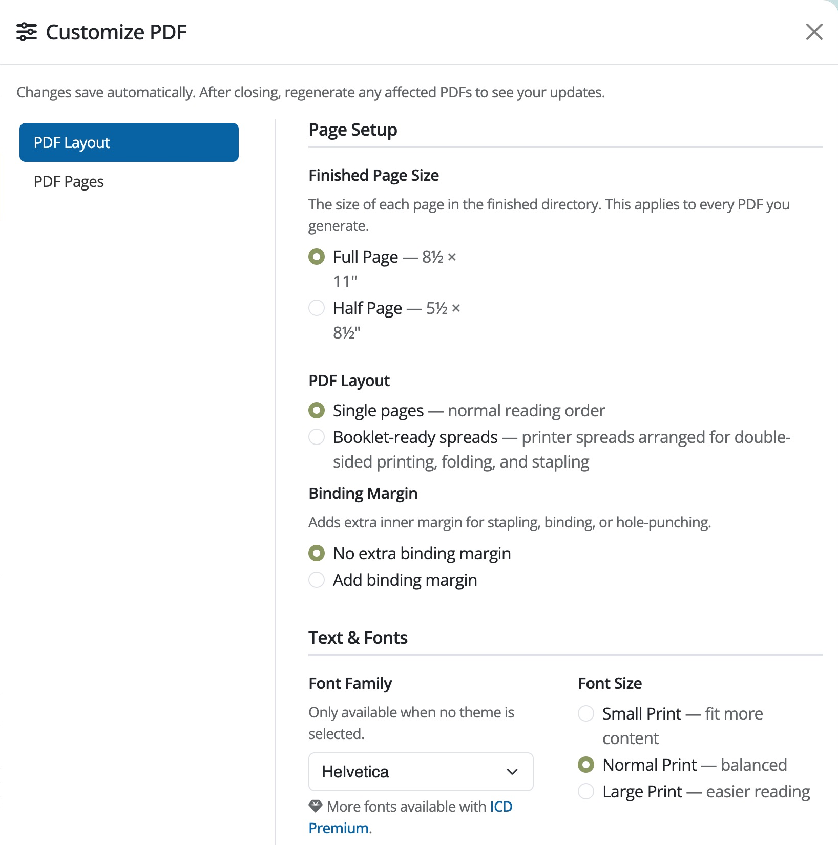Customize PDF panel showing PDF Layout and PDF Pages tabs, page size, layout, binding margin, and font controls.