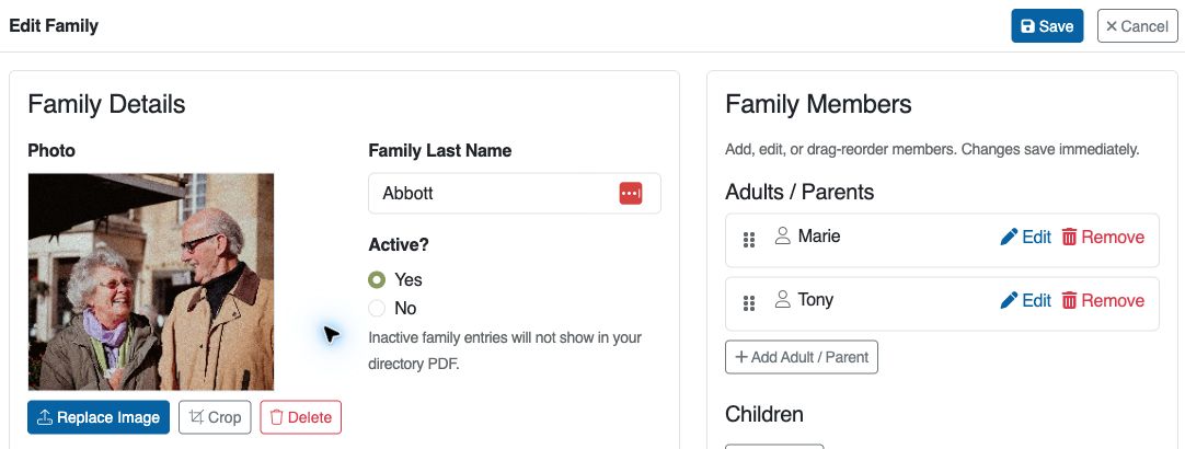 Active Yes and No choices beneath Family Last Name in the Edit Family window.