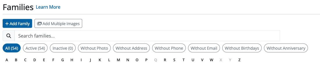 All, Active, and Inactive filters on the Families page.