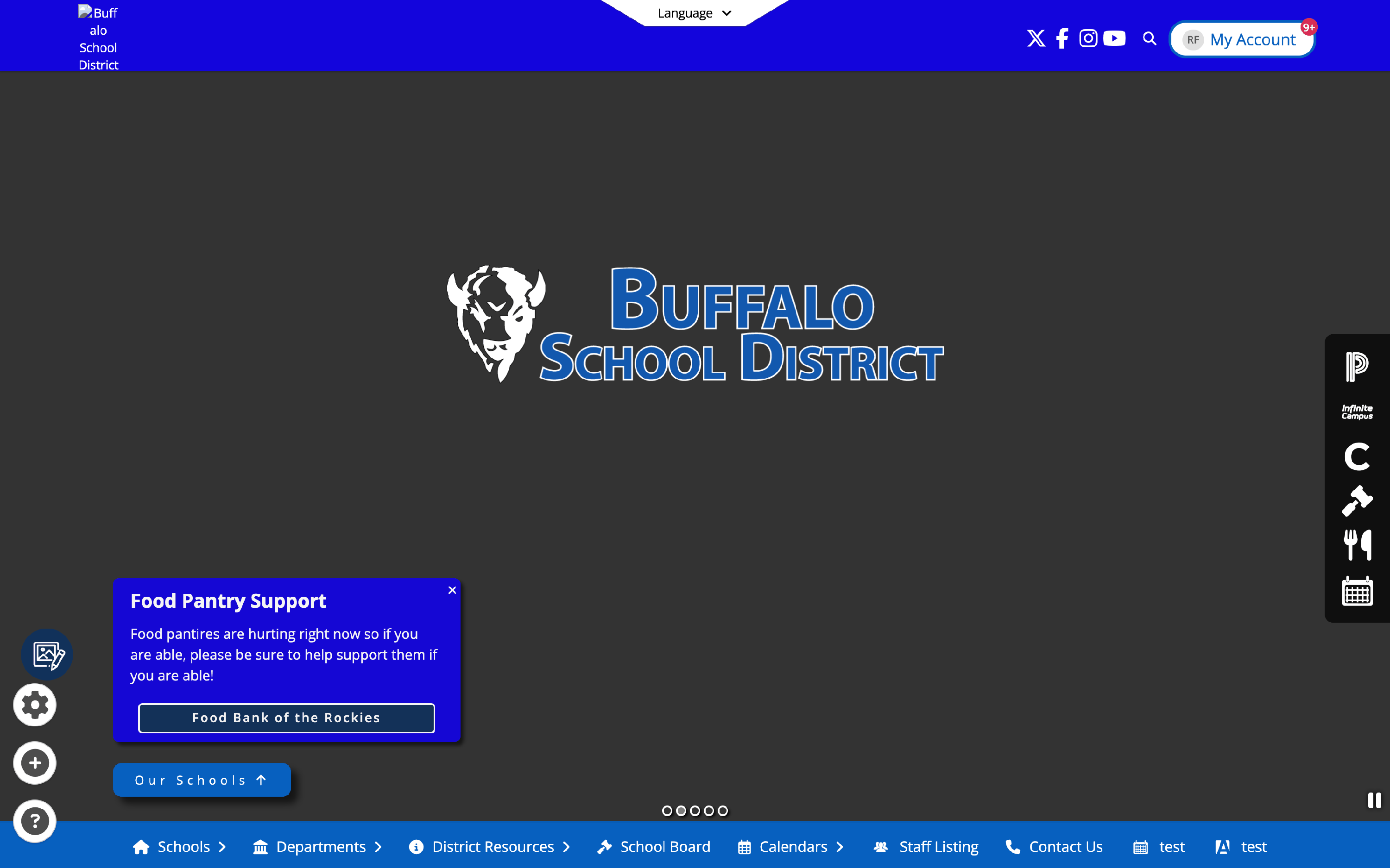 The SchoolBlocks admin dock at the lower-left of the page, with the gear (Page Settings) icon