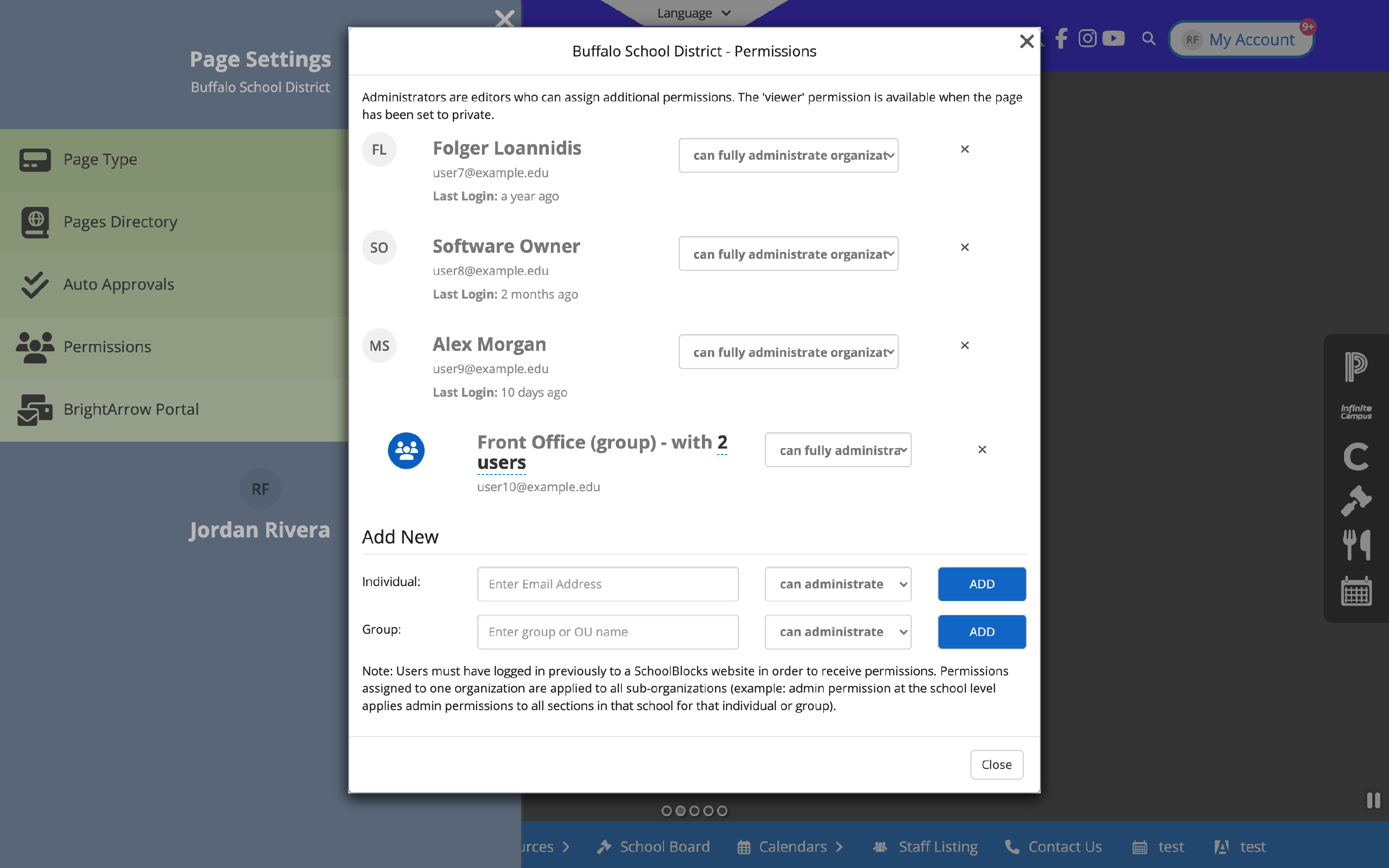 The Permissions modal showing the list of people and groups with role dropdowns, and the Add New section with Individual and Group rows