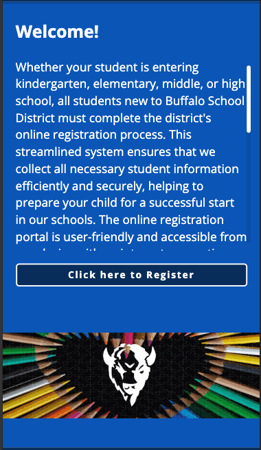 The same terrace on mobile. The heading, the scrolling text, and the button are stacked in a single column on the blue background, and the image is displayed below the button as a wide 16:9 band