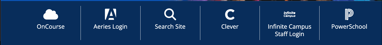 A Shortcuts terrace on desktop against a dark blue background. Six shortcuts sit across the row, separated by thin vertical dividers: OnCourse, Aeries Login, Search Site, Clever, Infinite Campus Staff Login, and PowerSchool. Each is a white icon with its title beneath, and the Infinite Campus title wraps onto two lines
