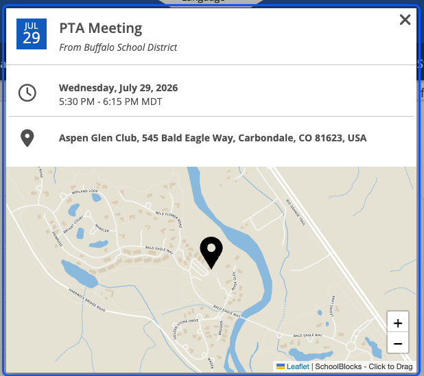 An event detail window for PTA Meeting showing the date Wednesday July 29 2026, the time 5:30 PM to 6:15 PM MDT, an address, and a map with a pin