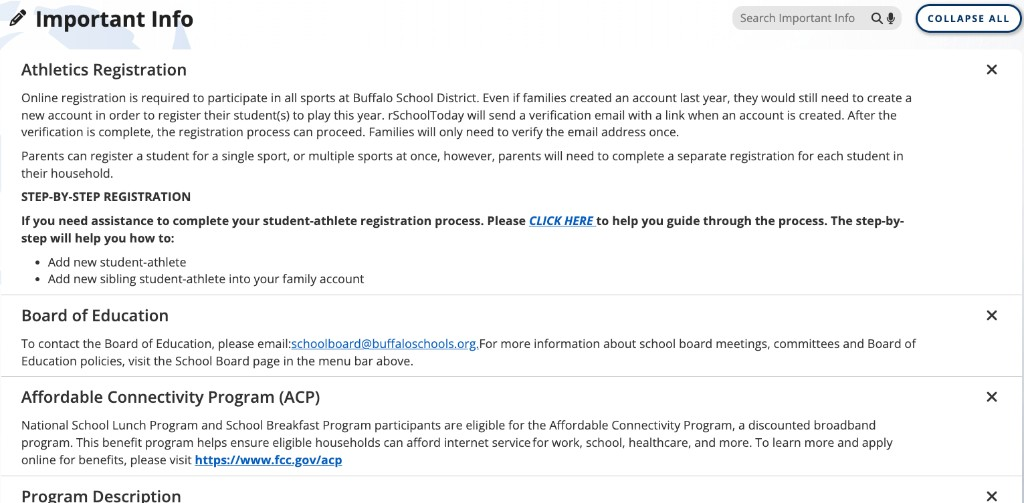 An Accordion terrace headed Important Info. A Search Important Info field and Collapse All sit at the top right. Athletics Registration is expanded with summary text; Board of Education and Affordable Connectivity Program sit below