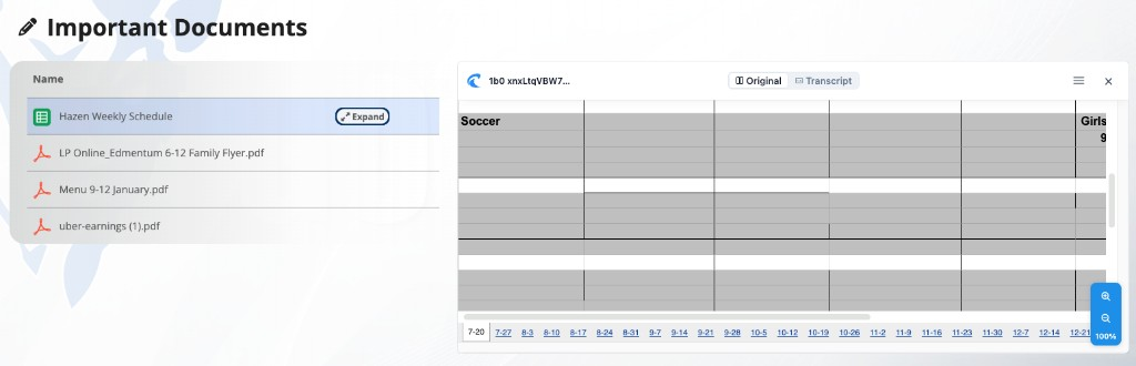 A Files & Folders terrace headed Important Documents. A Name list of files sits on the left with Hazen Weekly Schedule selected and an Expand control. A spreadsheet preview fills the right pane