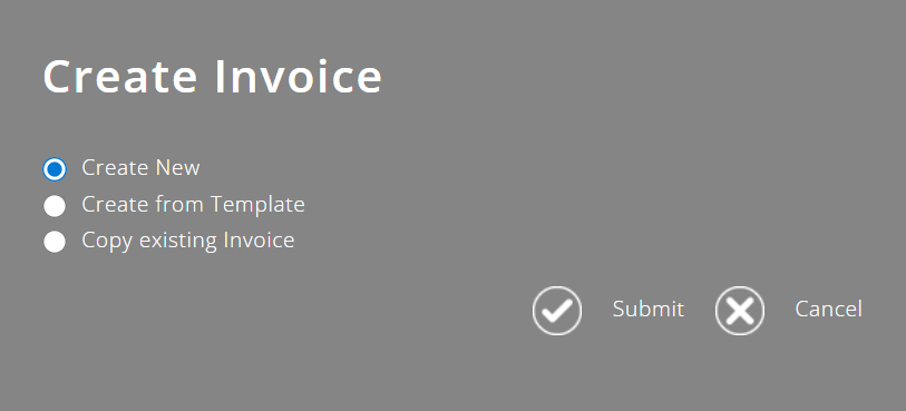 Selecting 'Create New' then clicking 'Submit' in the 'Create Invoice' pop-up