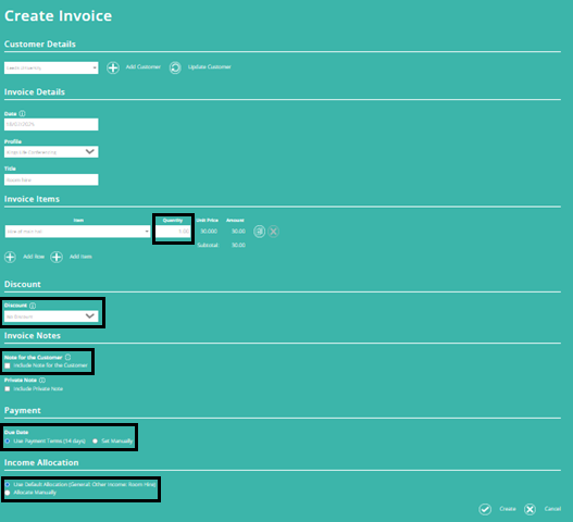 Adding or adjusting remaining invoice details, such as discount, customer note, payment terms, and the fund to which the invoice will be allocated in your accounts