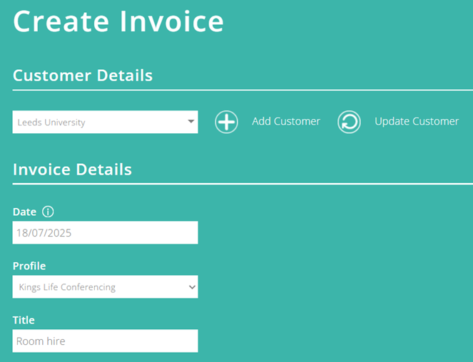select the customer and invoice details, including customer name, date, profile, invoice title