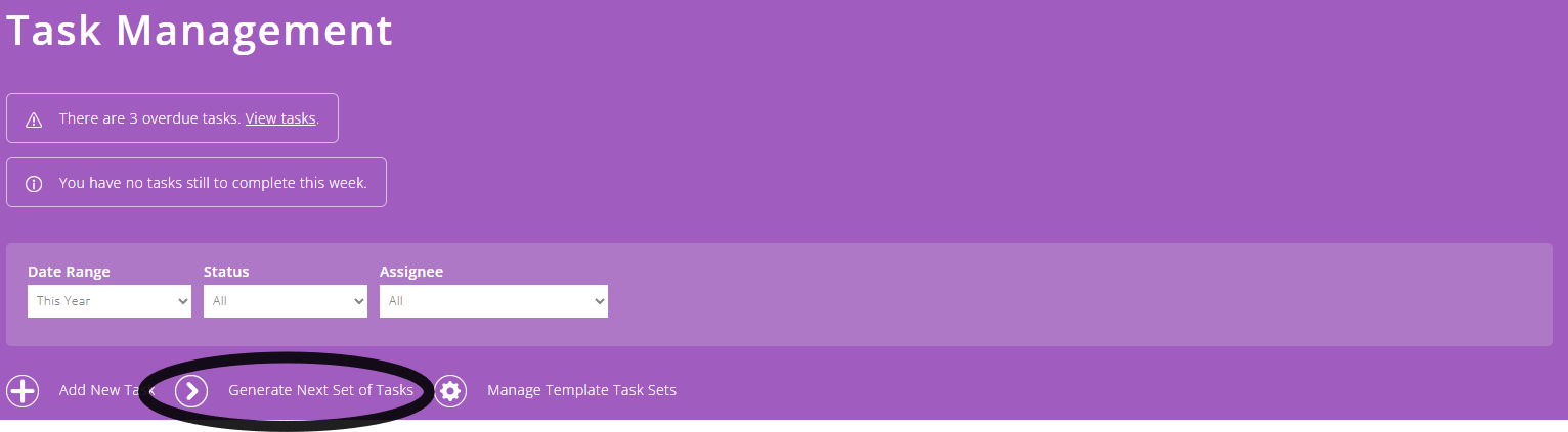 ExpensePlus Task Management screen highlighting Generate New Set of Tasks button