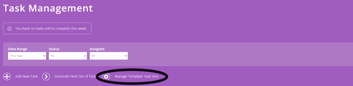 ExpensePlus Task Management screen highlighting Manage Template Task Sets button