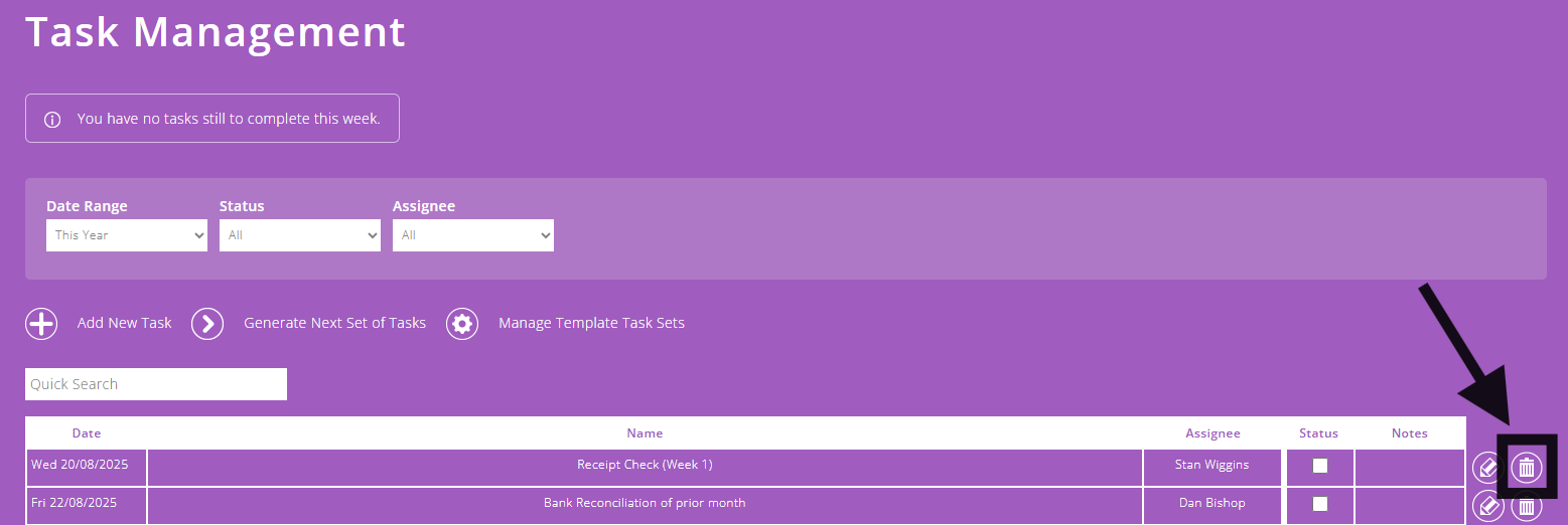 ExpensePlus task management screen highlighting delete button