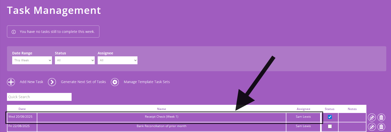 ExpensePlus task management screen highlighting drilling into a task