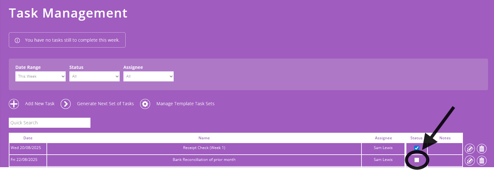 ExpensePlus task management screen highlighting where to change a task status