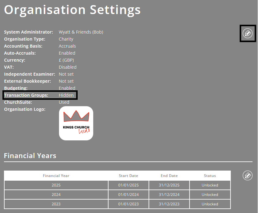 ExpensePlus screenshot of Organisation Settings screen