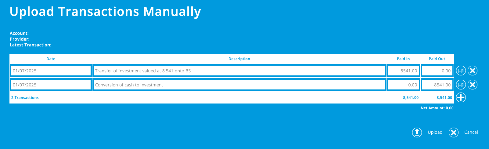 the upload transactions manually screen showing two transactions being entered as described above