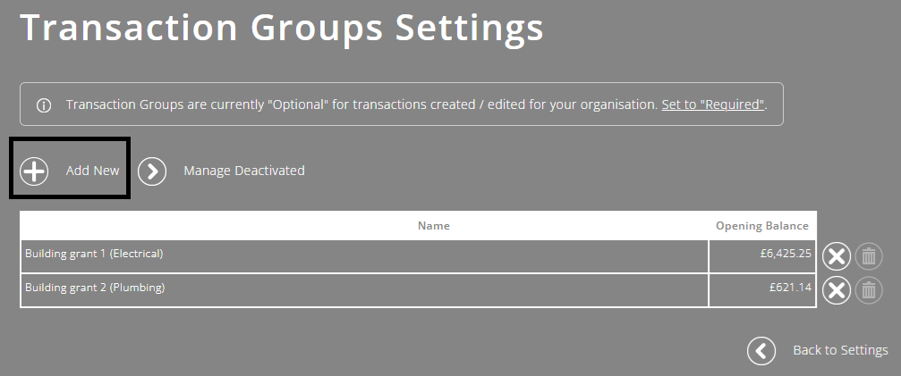 ExpensePlus screenshot showing Transactions Groups settings window, with 'Add New' highlighted