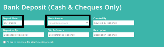 ExpensePlus screenshot showing the Bank Deposit screen, with 'Deposit Date' and 'Bank Account' highlighted